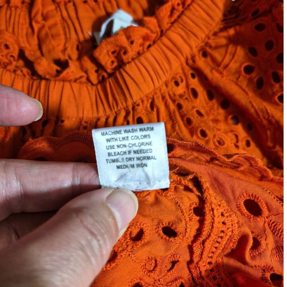 Jennifer Grace S Eyelet Orange Ruffle Button Bk Boho Festival Sheer Cottage Top - Picture 9 of 9